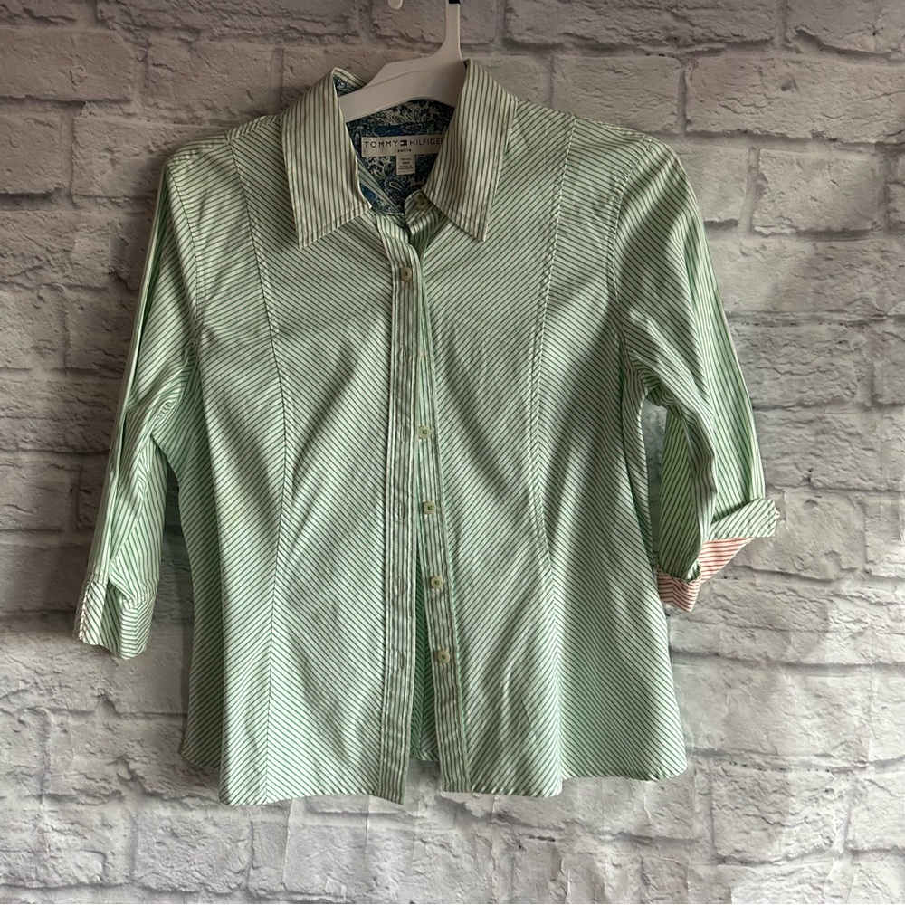 PREOWNED VINTAGE TOMMY HILFIGER PETITE BUTTON DOWN DRESS SHIRT WOMENS SIZE 14 P